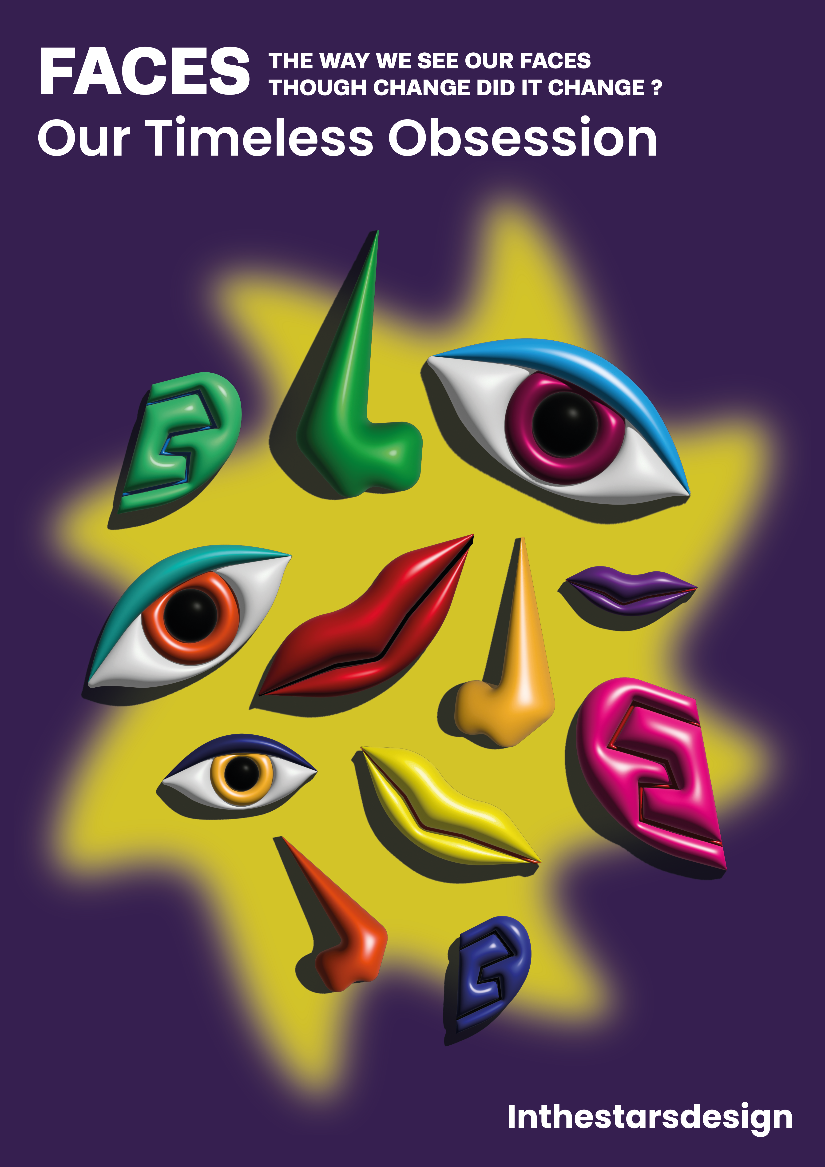 Illustration avec des éléments de visage type nez, oeil et lèvres en 3D. Version violette et jaune